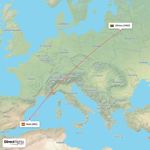 Ibiza - Vilnius direct flight map