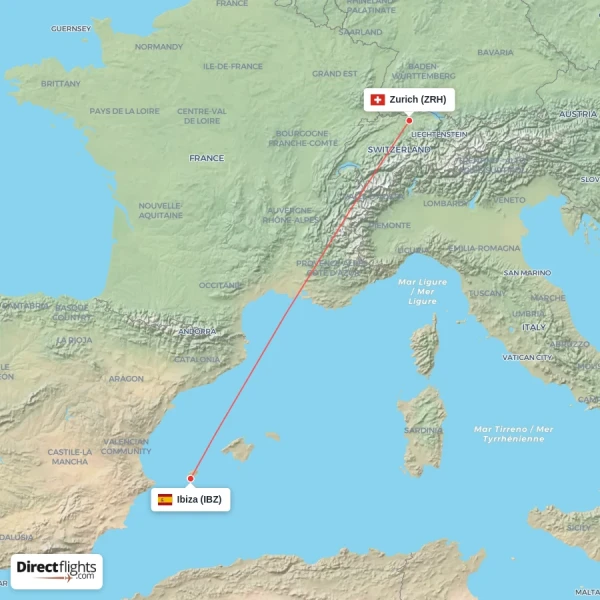 Ibiza - Zurich direct flight map