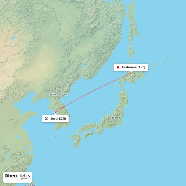 Seoul - Asahikawa direct flight map