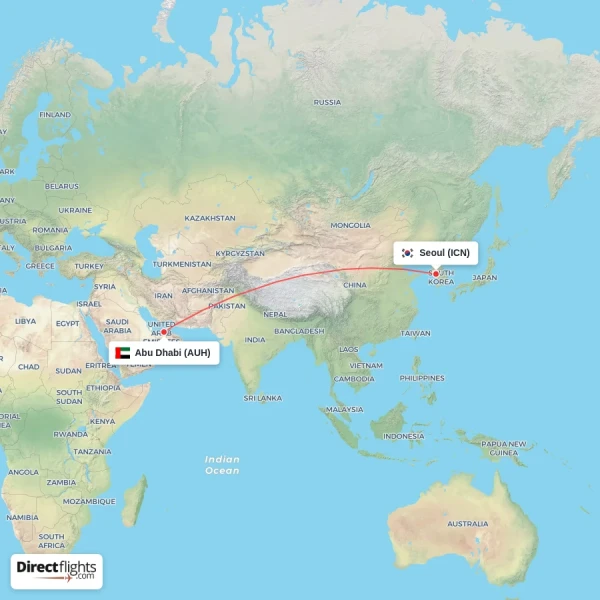 Seoul - Abu Dhabi direct flight map