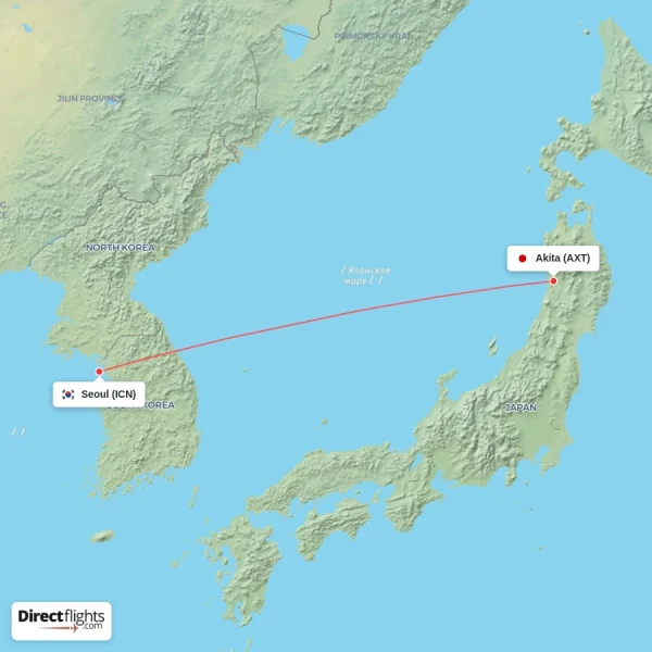 Seoul - Akita direct flight map