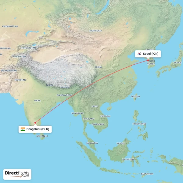 Seoul - Bengaluru direct flight map