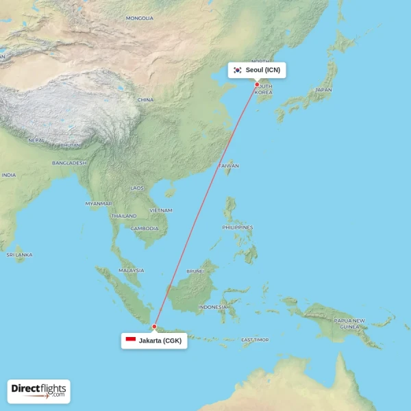 Seoul - Jakarta direct flight map