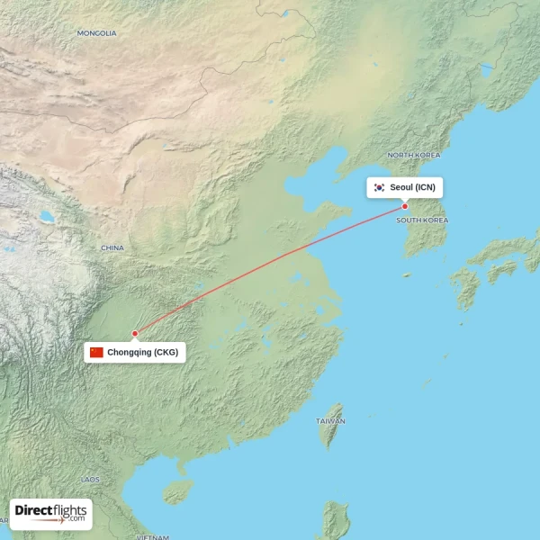Seoul - Chongqing direct flight map