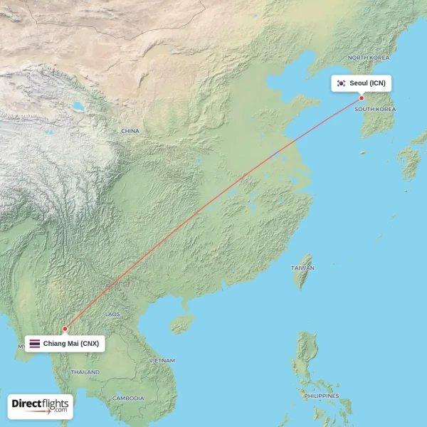 Seoul - Chiang Mai direct flight map