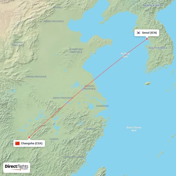Seoul - Changsha direct flight map
