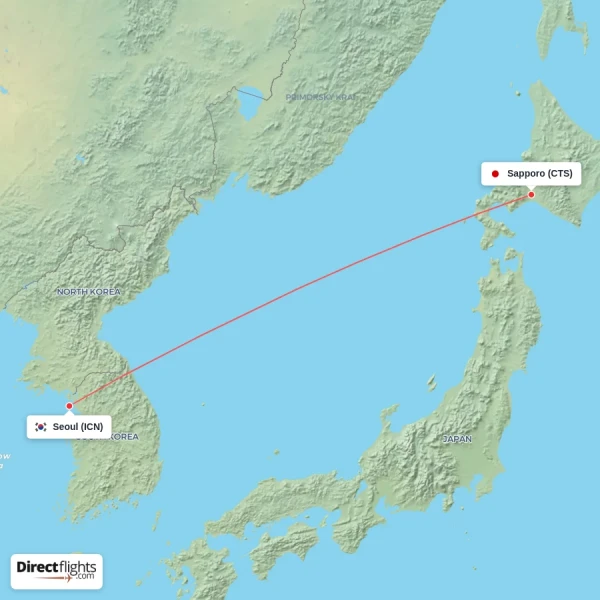 Seoul - Sapporo direct flight map