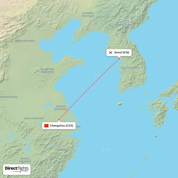 Seoul - Changzhou direct flight map