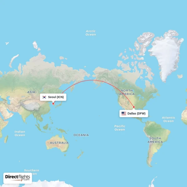 Seoul - Dallas direct flight map