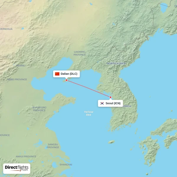 Seoul - Dalian direct flight map