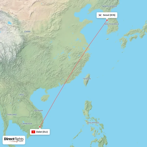 Seoul - Dalat direct flight map