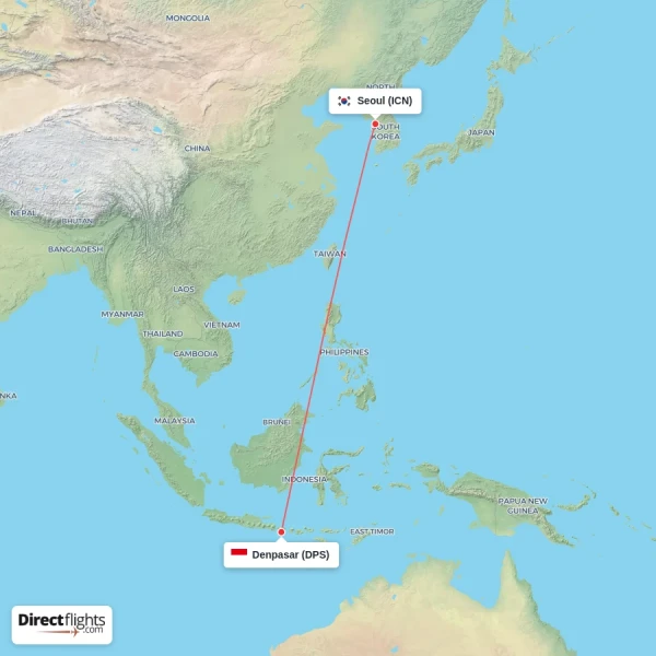 Seoul - Denpasar direct flight map