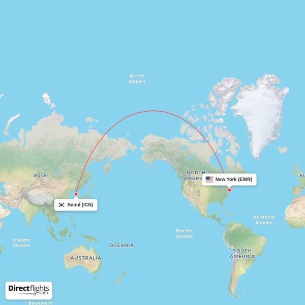 Seoul - New York direct flight map