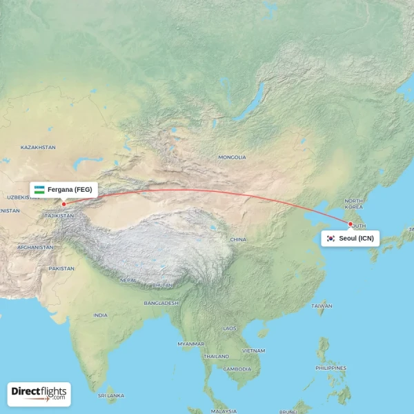 Seoul - Fergana direct flight map