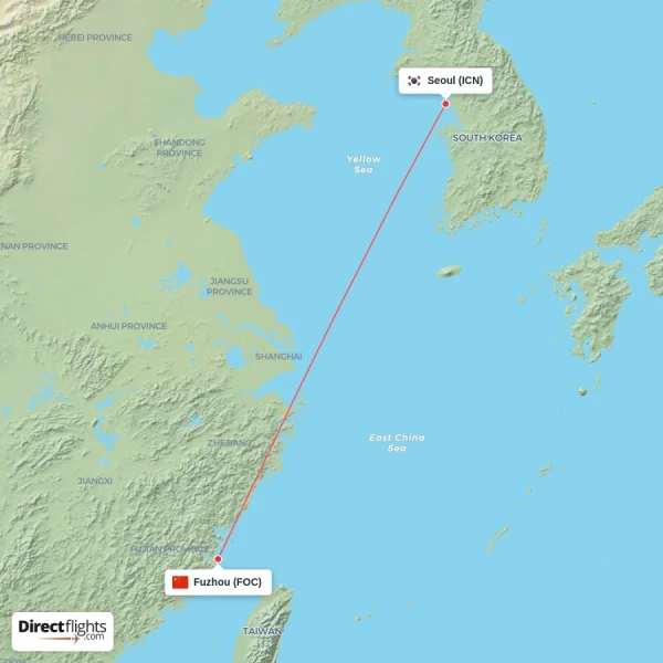 Seoul - Fuzhou direct flight map