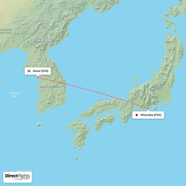 Seoul - Shizuoka direct flight map