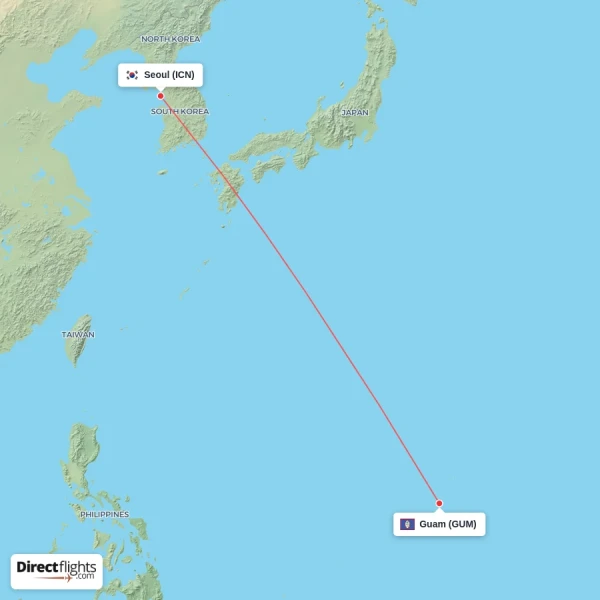 Seoul - Guam direct flight map