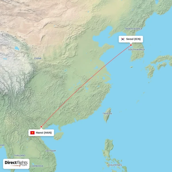 Seoul - Hanoi direct flight map