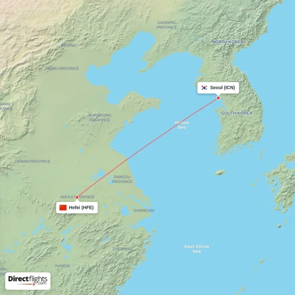 Seoul - Hefei direct flight map