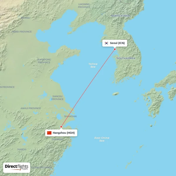 Seoul - Hangzhou direct flight map