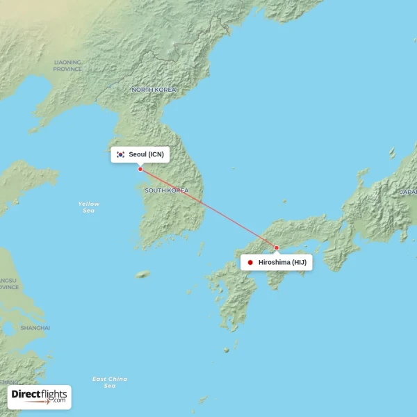 Seoul - Hiroshima direct flight map