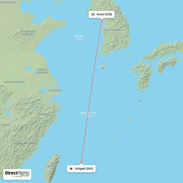 Seoul - Ishigaki direct flight map
