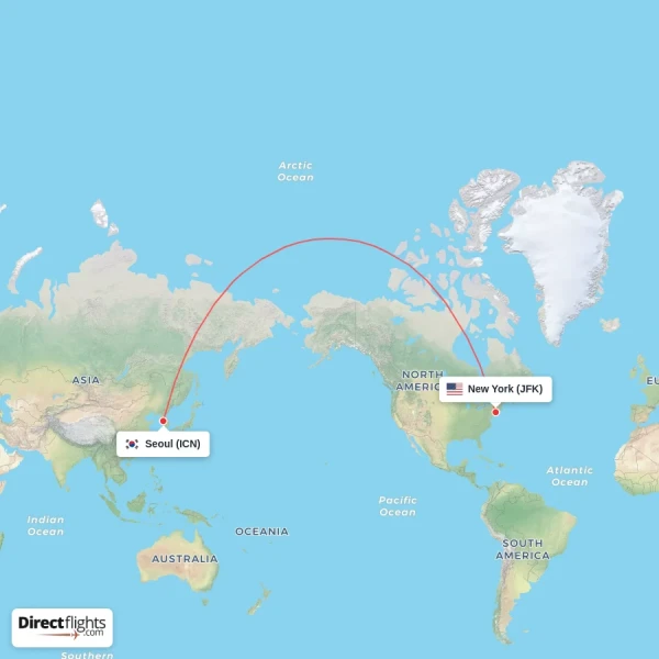 Seoul - New York direct flight map