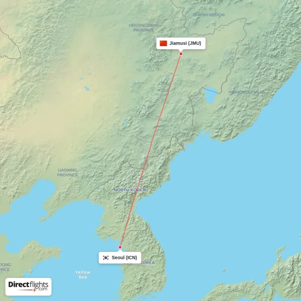 Seoul - Jiamusi direct flight map