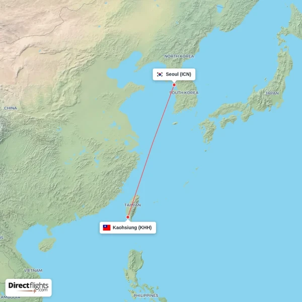 Seoul - Kaohsiung direct flight map