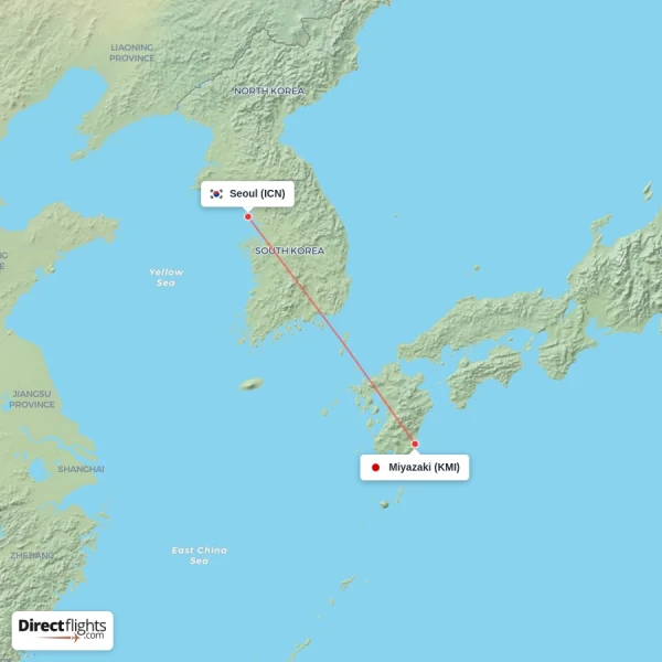 Seoul - Miyazaki direct flight map