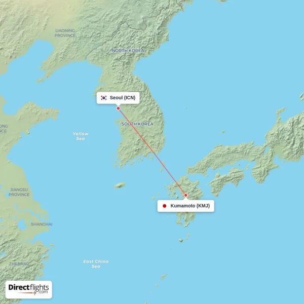 Seoul - Kumamoto direct flight map