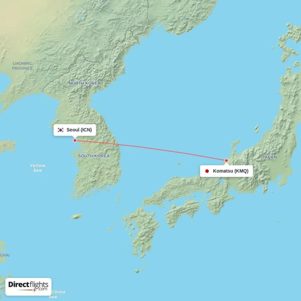 Seoul - Komatsu direct flight map