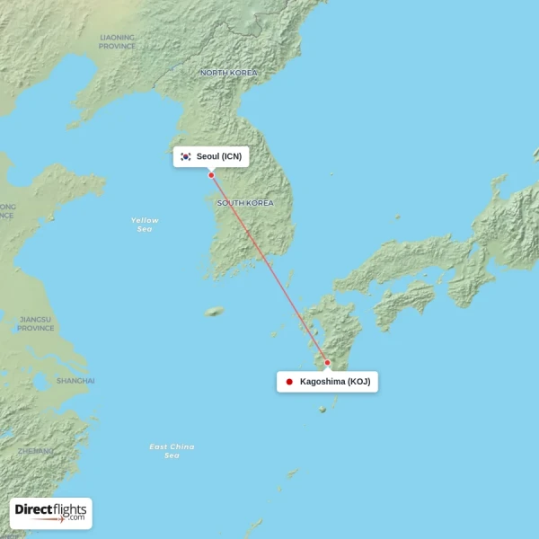 Seoul - Kagoshima direct flight map