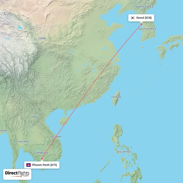 Seoul - Phnom Penh direct flight map