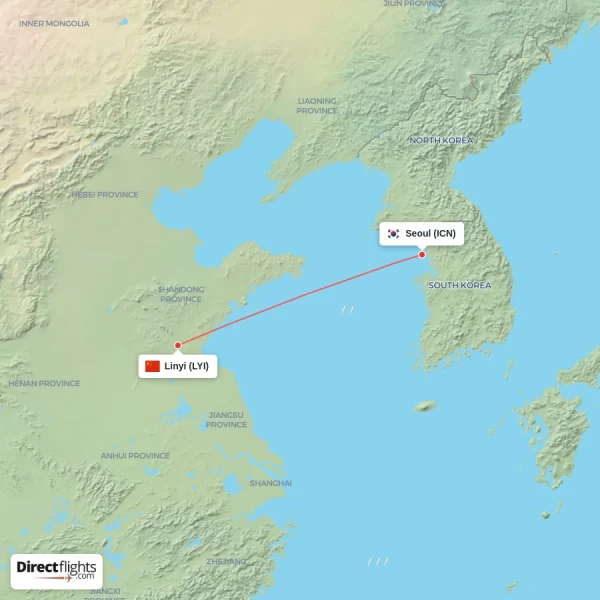 Seoul - Linyi direct flight map