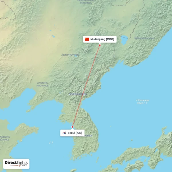 Seoul - Mudanjiang direct flight map