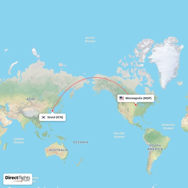 Seoul - Minneapolis direct flight map