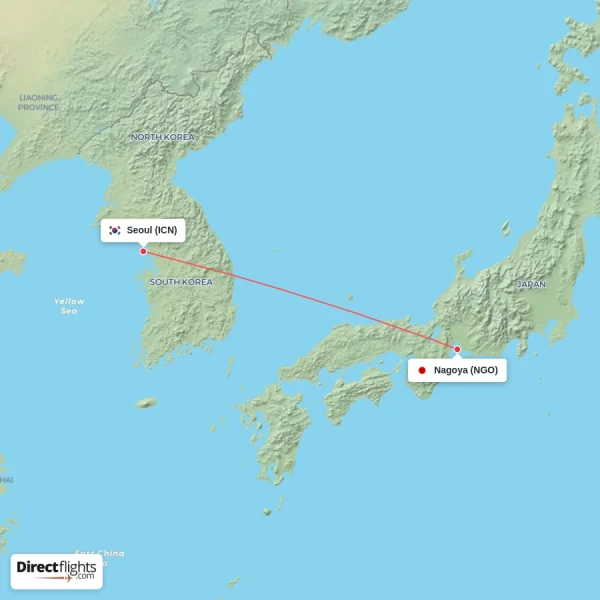 Seoul - Nagoya direct flight map
