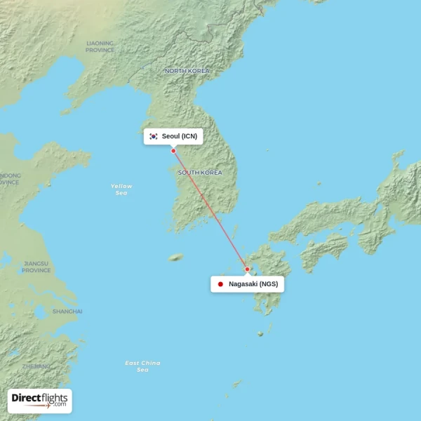 Seoul - Nagasaki direct flight map