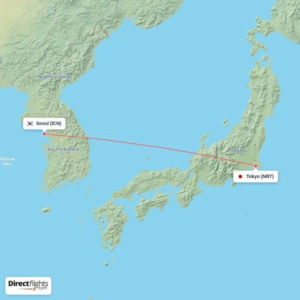 Seoul - Tokyo direct flight map