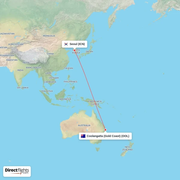 Seoul - Coolangatta (Gold Coast) direct flight map