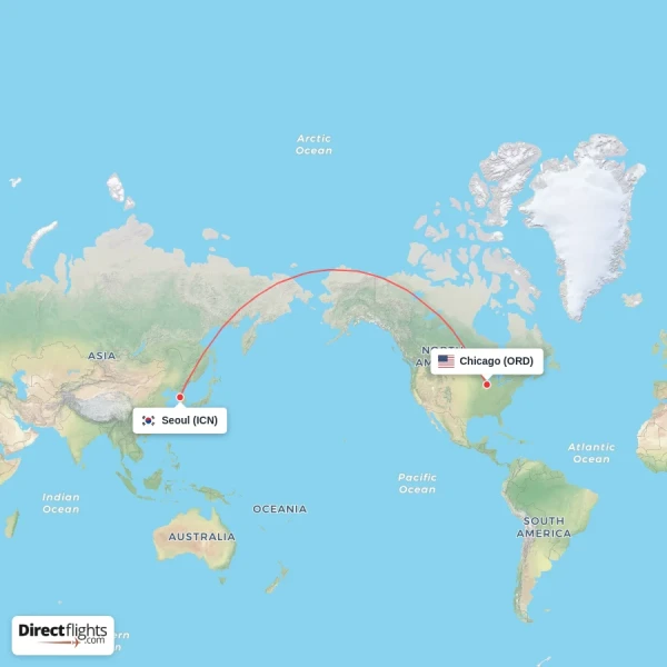 Seoul - Chicago direct flight map