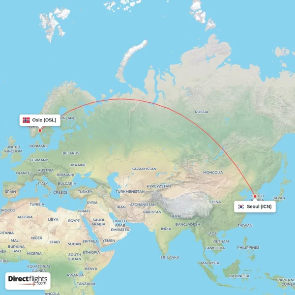 Seoul - Oslo direct flight map