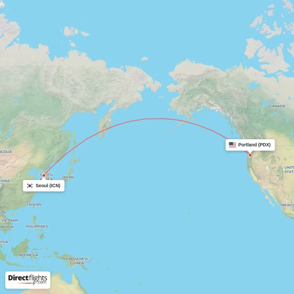Seoul - Portland direct flight map