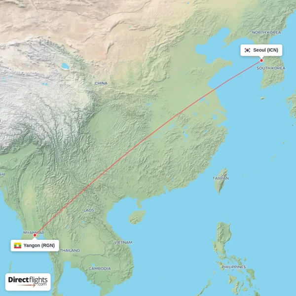 Seoul - Yangon direct flight map