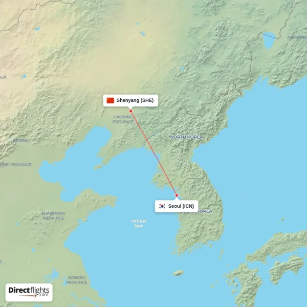 Seoul - Shenyang direct flight map