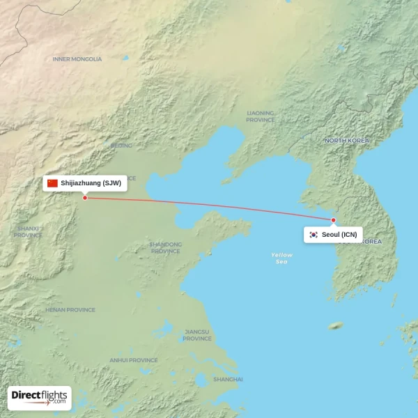Seoul - Shijiazhuang direct flight map