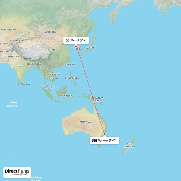 Seoul - Sydney direct flight map
