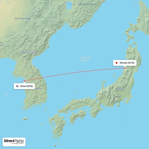 Seoul - Shonai direct flight map