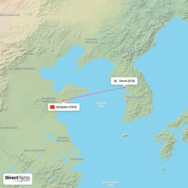 Seoul - Qingdao direct flight map